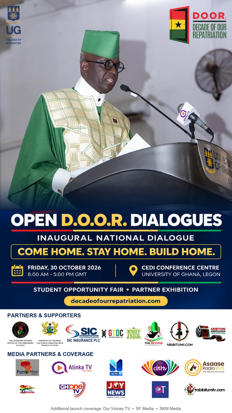 Open D.O.O.R. Dialogues flyer featuring keynote speaker King Kwasi Kyei Darkwah in green