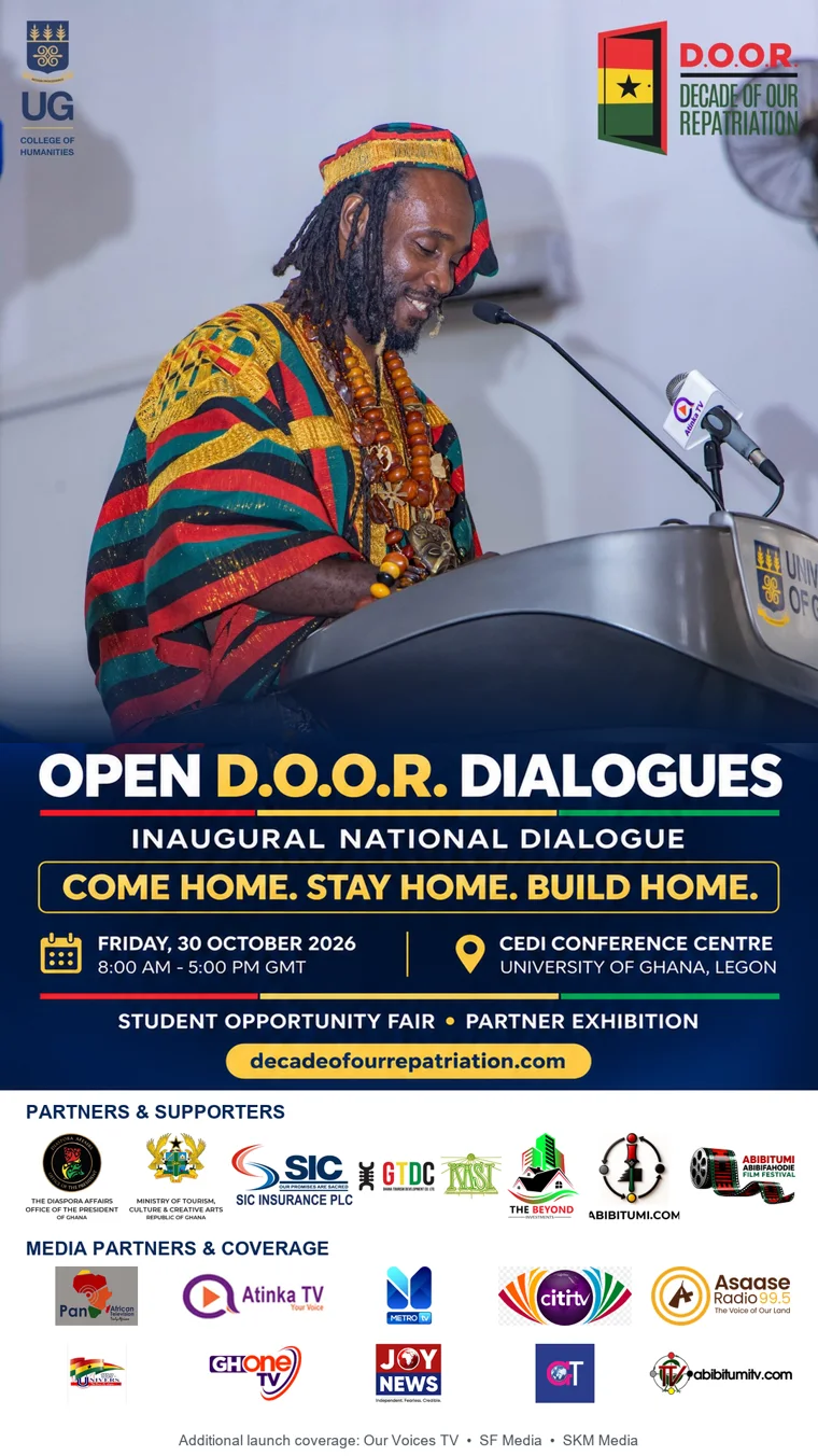 Open D.O.O.R. Dialogues flyer featuring founder Ɔbenfo Ọbádélé Kambon