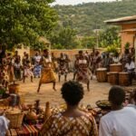 Black families, dancers, drummers, artisans, and food vendors gathered in an Akuapem courtyard